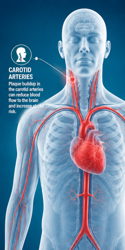 Illustration of the carotid arteries and warning signs of carotid artery disease